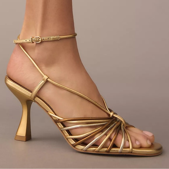 New Caverley x Anthropologie Norman Heel Cow Satin 7 Black White Leather Strappy - Picture 3 of 10